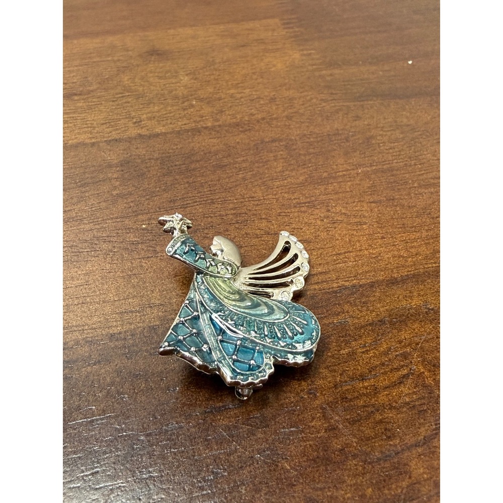 Monet Silver Tone Blue Green Enamel Angel Brooch Rhinestone Star Pin Holiday - Picture 5 of 5
